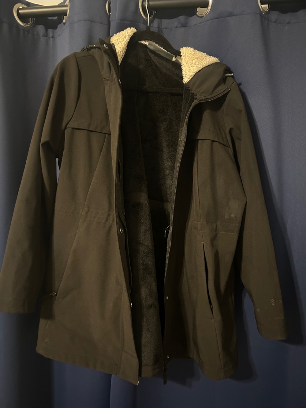 Free Country Women's Black Trench Coat with Sherpa Hood Lining